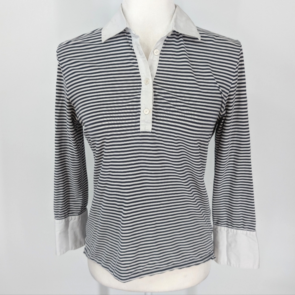346 Brooks Brothers Navy Blue White Stripe 3/4 Length Sleeve Shirt Blouse Small